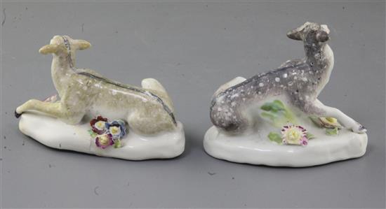 A matched pair of early Derby figures of a stag and hind, c.1756-8, l. 10cm and 11cm, some faults